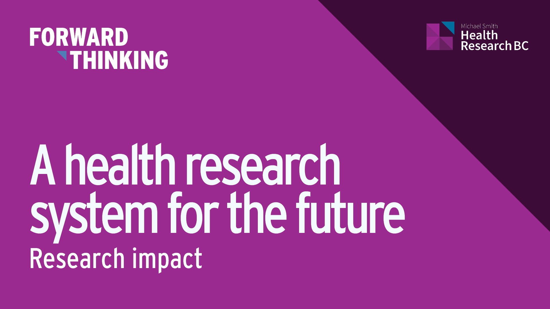 Feature image with Health Research BC's logo and a text that says: Forwarding thinking - A health research system for the future: Research impact"