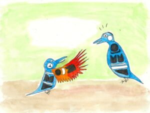 Colourful drawing of two birds