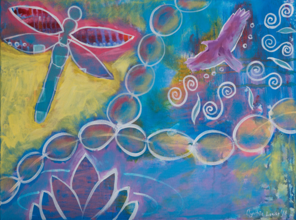 Colourful drawing of dragonfly, bird, and flower