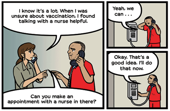 Comic strip shows two people talking on the phone about COVID-19 vaccines.