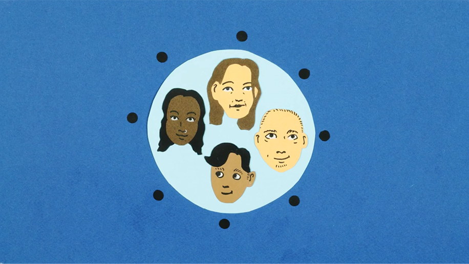 Papercut illustration of four people inside of a circle. The four people are diverse in appearance, skin colour, and age.