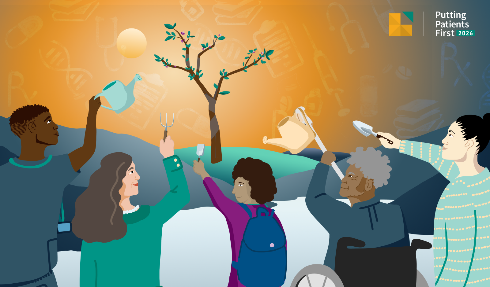 Promotional graphic for Putting Patients First 2026, which shows five people working together to water a tree. The tree is growing against a vibrant background of mountains and water. Behind the tree, in the sky, are healthcare symbols.