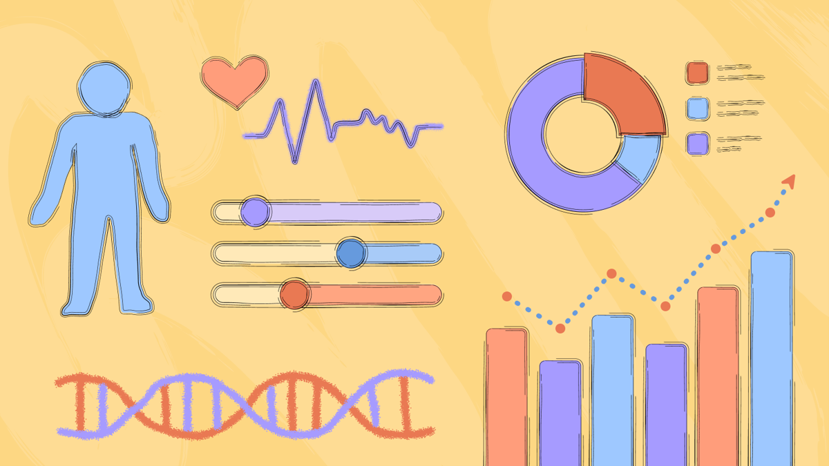 Illustration that shows data and measurement in research. In a coloured sketch style are illustrations of a person, their heartbeat, a bar graph trending upwards, DNA, a donut chart with labels, and sliders.