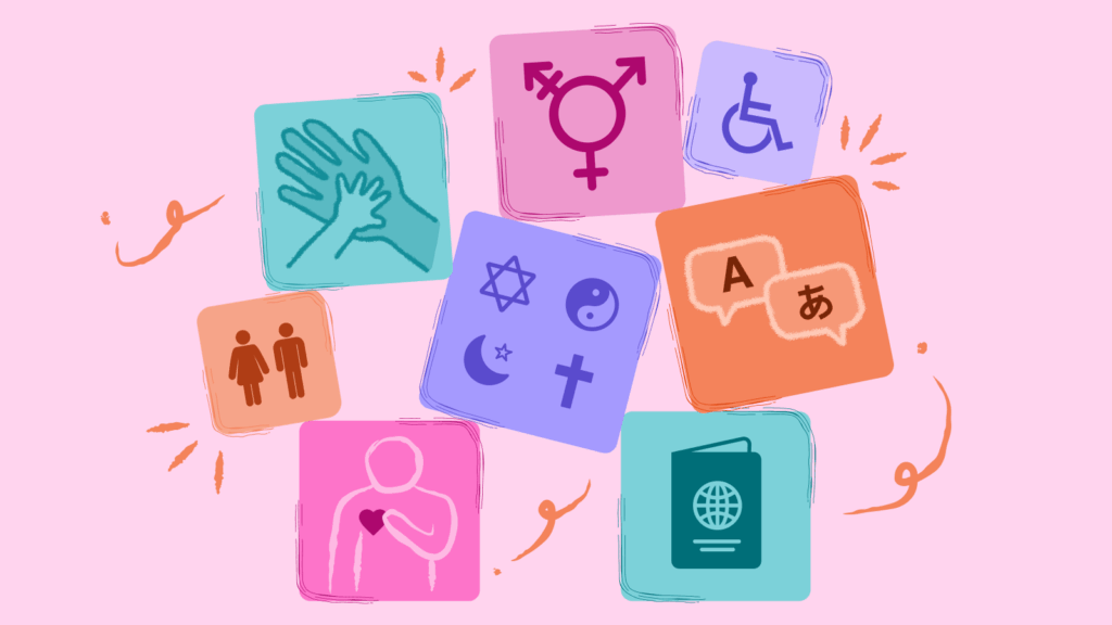 Illustration of what post-it notes on a light pink background. Symbols related to EDI have been drawn on the post-it notes, including two speech bubbles in English and Japanese, a passport, a person with their hand over their heart, a bathroom sign with a man and woman, different religious symbols, a small hand in a big hand, a wheelchair sign, and a transgender symbol.