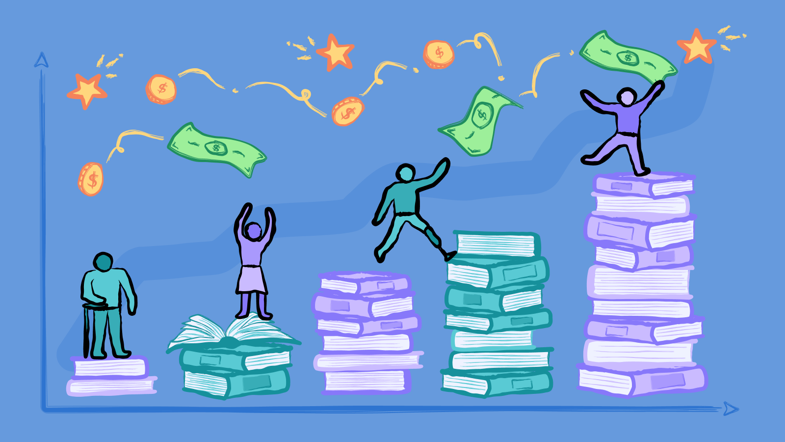 Illustration of a bar chart, where the vertical bars are represented by stacks of books and diverse people standing of them. Above the bars are coins and bills.