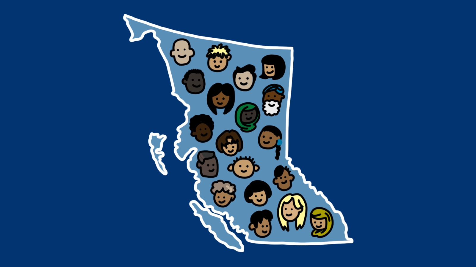 Illustration of many diverse people smiling, placed within the province of British Columbia.