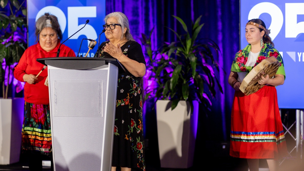 Elder Kelly White, her daughter, Star, and Lana Arnold of the Musqueam Nation open the event.