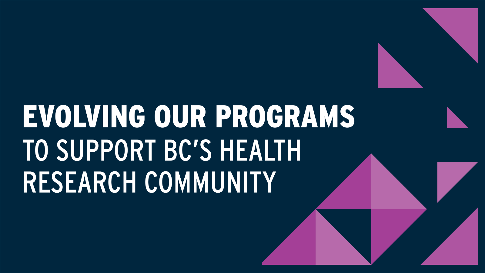 Promotional graphic from Michael Smith Health Research BC reading: “Evolving our programs to support BC’s health research community,” on a dark blue background with purple geometric shapes.