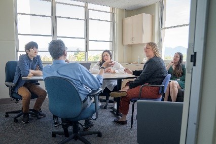 A group of parent partners conversing around a table, in a conference room.