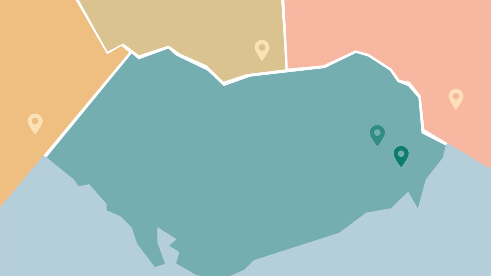 Coloured illustration of a map and different provinces, with location pins scattered about.