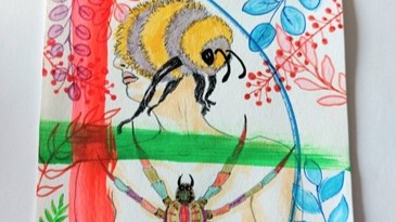 A traditional artwork piece showing a bee ontop and a spider on the bottom, with red, blue and green leaves and foliage in the background. The colours are bright.
