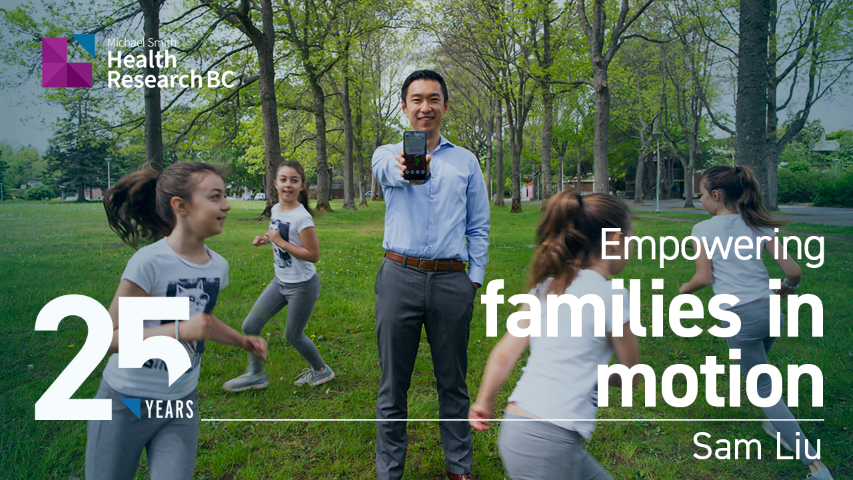 Thumbnail image which features Dr. Sam Liu standing and holding a mobile phone, showing the screen while there are children running in circle around Dr. Liu.