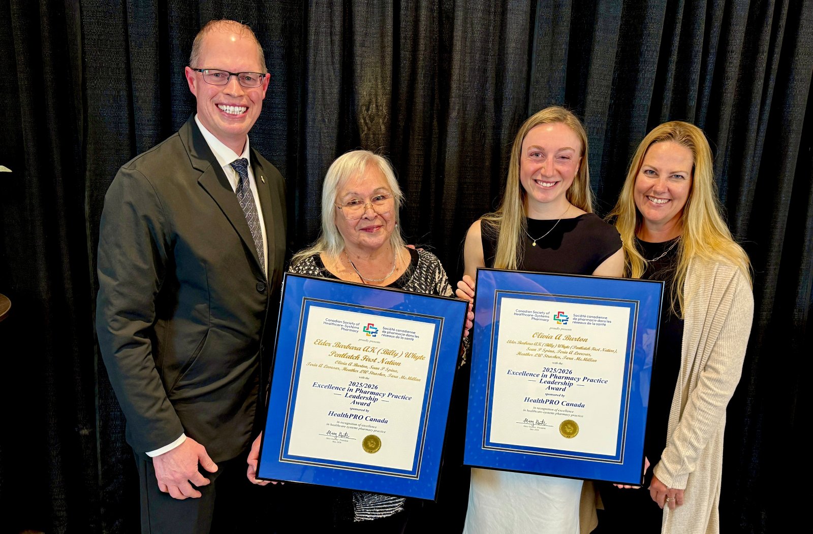 The project team receives the Excellence in Pharmacy Practice Leadership Award in May 2026. Left to right: Sean Spina, Elder Barb Whyte, Olivia Burton, and Heather Strosher. Photo: Island Health.
