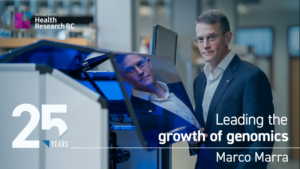 Feature image of Dr. Marco Marra standing next to a machine in a lab. There are also Health Research BC's logo and a text that says: "25 years - Leading the growth of genomics".