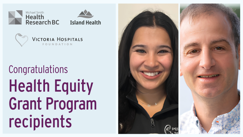 Graphic of the Island Health Health Equity Grant Program awardee announcement which features Maha Maryam-Killoran and Paul Winston.