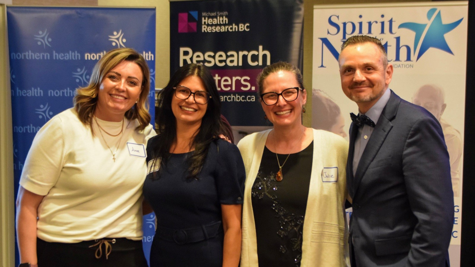 From left: Aimee Cassie, CEO, Spirit of the North Healthcare Foundation; Muneerah Kassam, Director, Partnerships, Michael Smith Health Research BC; Julia Bickford, Executive Director, Research, Innovation, and Evaluation; Geoff Payne, President & CEO, Michael Smith Health Research BC.