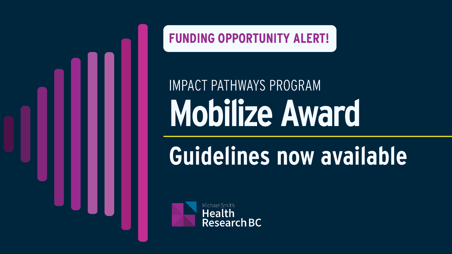 Funding opportunity alert for the Impact Pathways Program Mobilize Award. Guidelines now available. Michael Smith Health Research BC logo included.
