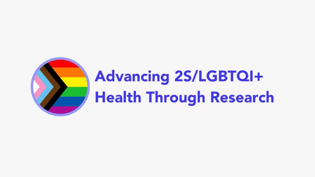 The image shows the Progress Pride flag symbol next to the text "Advancing 2S/LGBTQI+ Health Through Research" on a light background.
